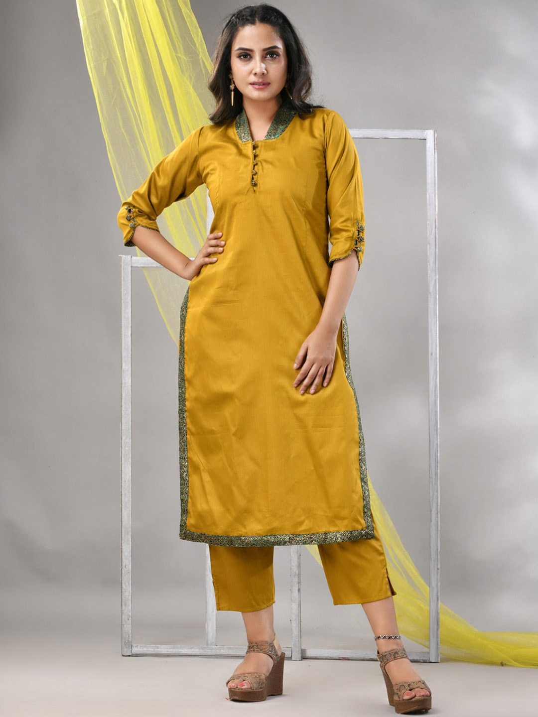 

Charukriti Mandarin Collar Plus Size Satin A-Line Kurta, Mustard