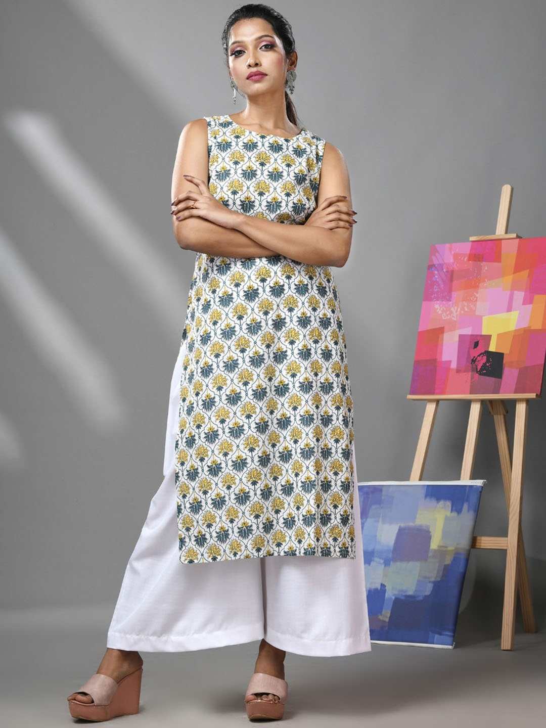 

Charukriti Floral Printed Sleeveless Cotton Straight Kurta, White