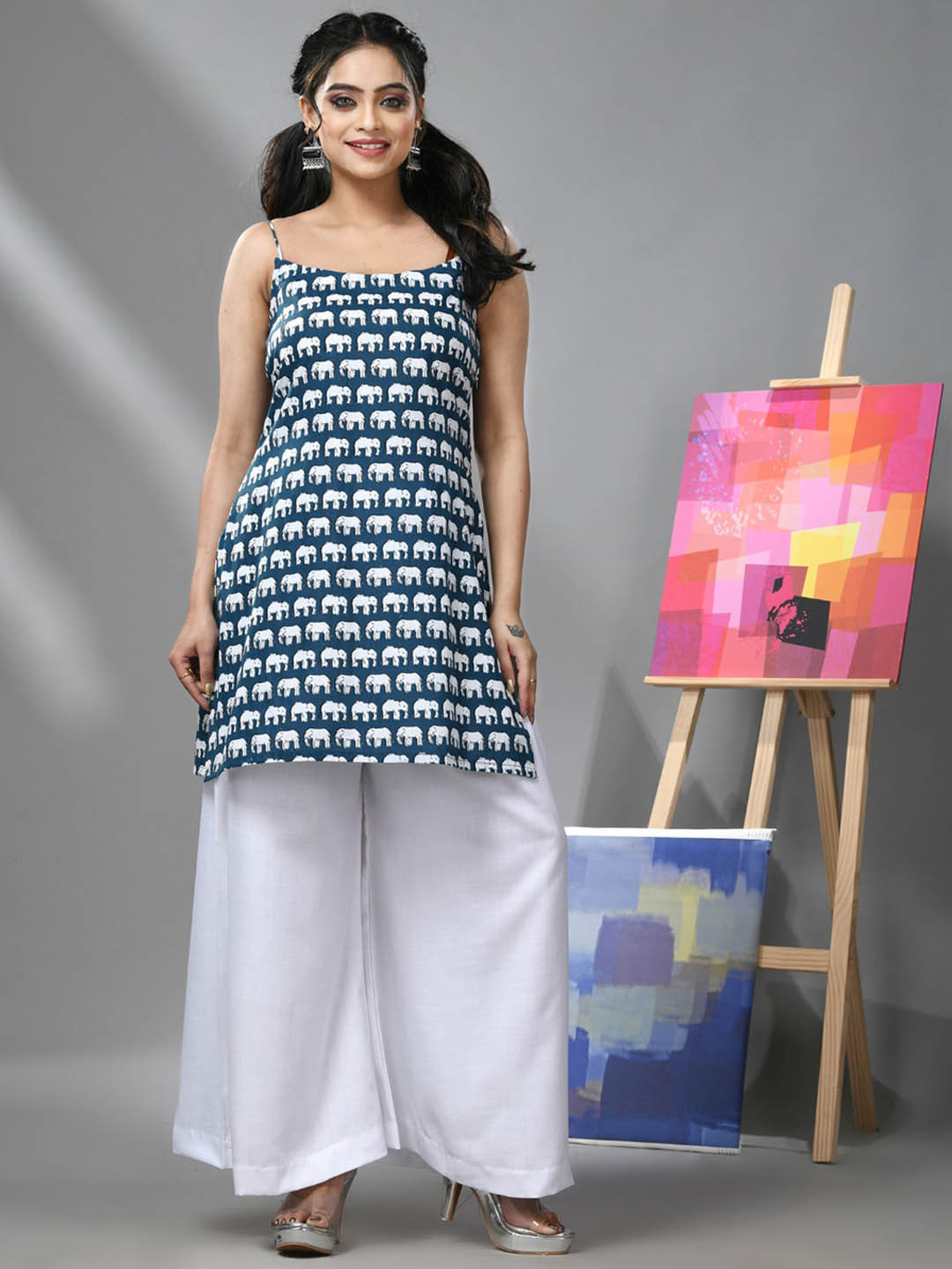 

Charukriti Animal Printed Shoulder Straps No Sleeves Straight Cotton Kurta, Teal