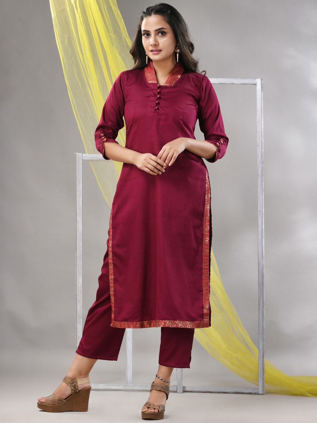 

Charukriti Mandarin Collar Plus Size Satin A-Line Kurta, Magenta