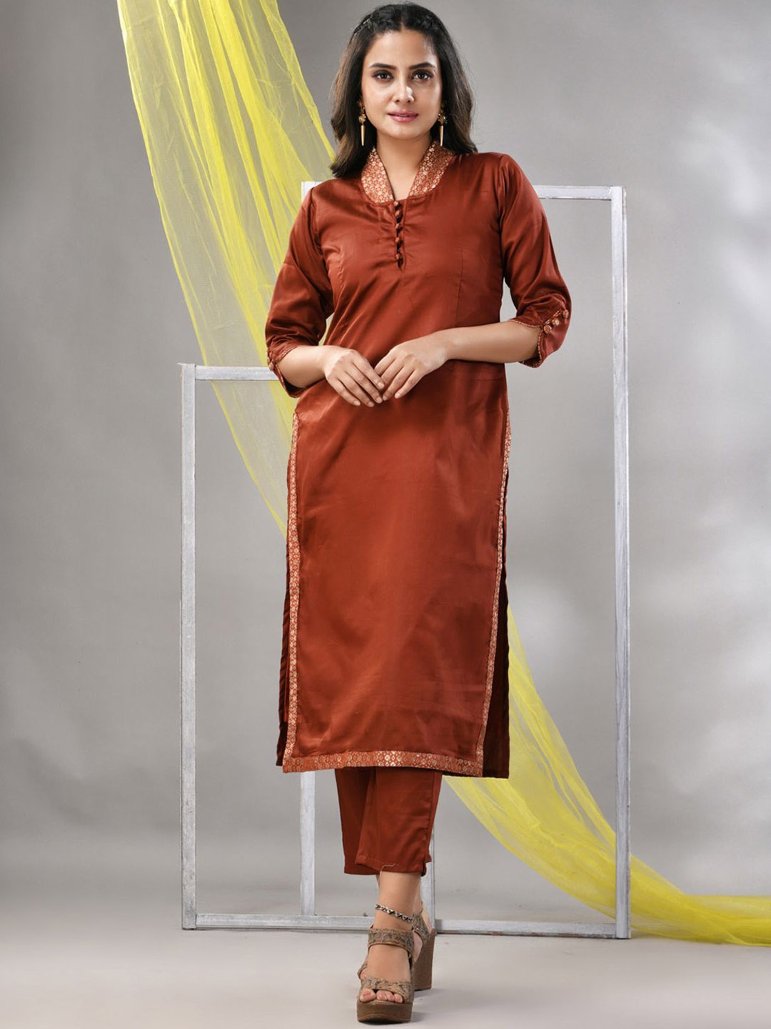 

Charukriti Mandarin Collar Plus Size Satin A-Line Kurta, Brown