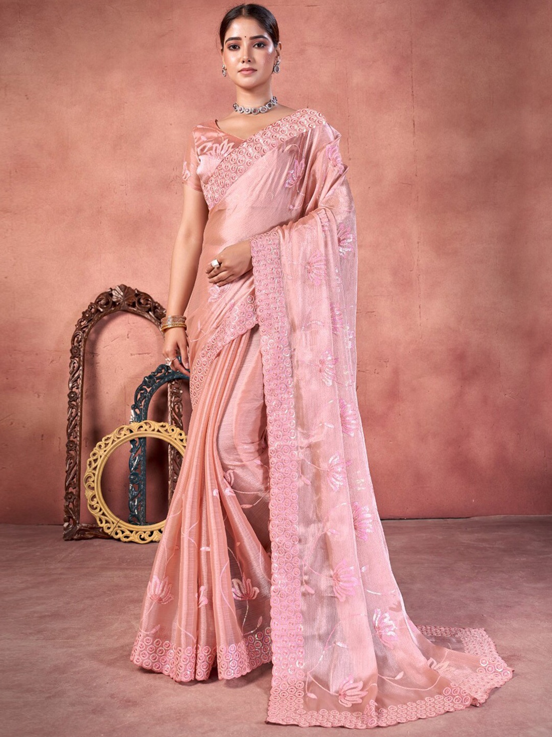 

Saree mall Embellished Sequinned Organza Sarees, Peach