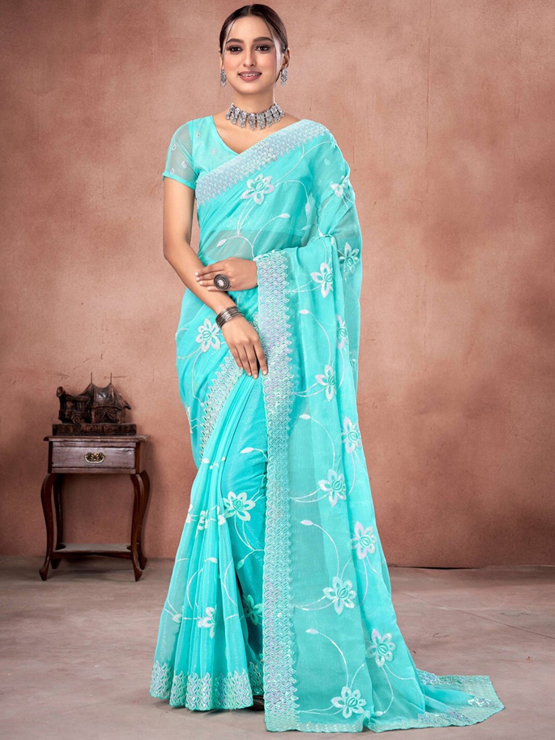 

Saree mall Embellished Sequinned Organza Sarees, Blue
