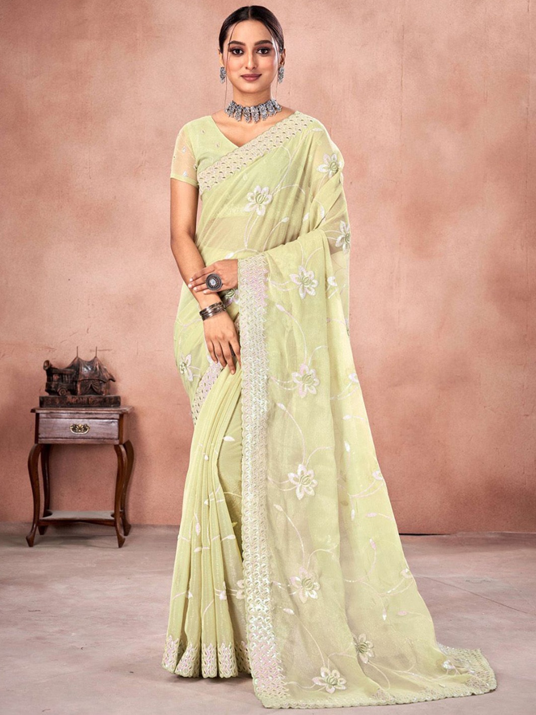 

Saree mall Womens Embellished Sequinned Organza Sarees, Yellow