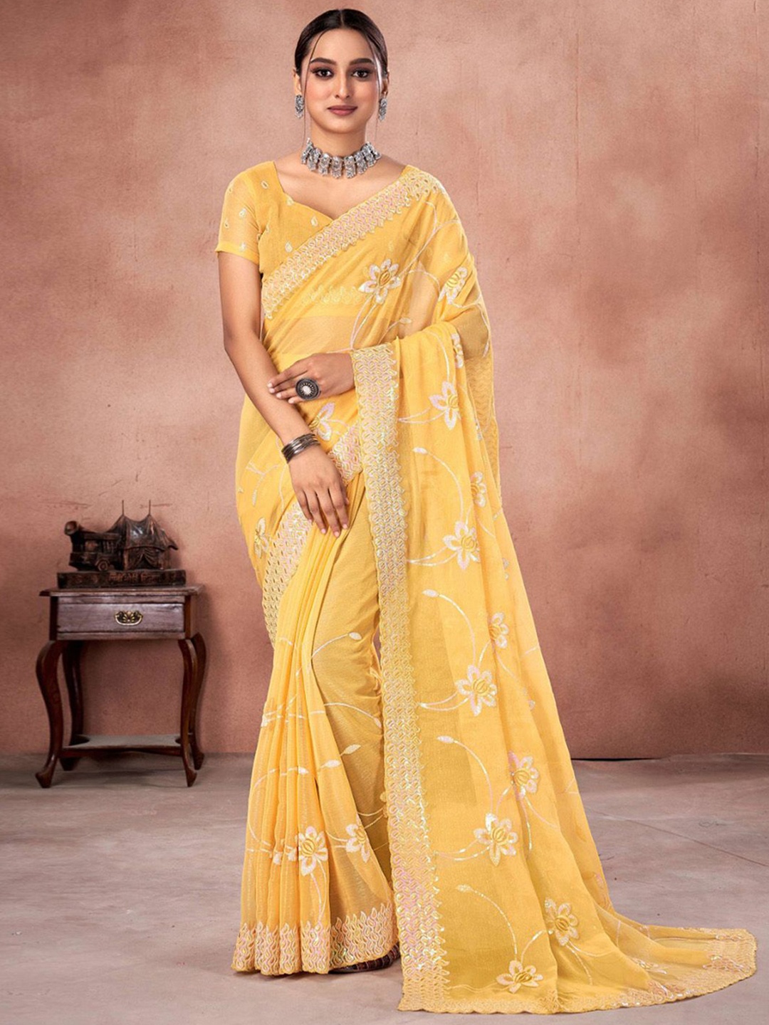 

Saree mall Embellished Sequinned Organza Sarees, Yellow