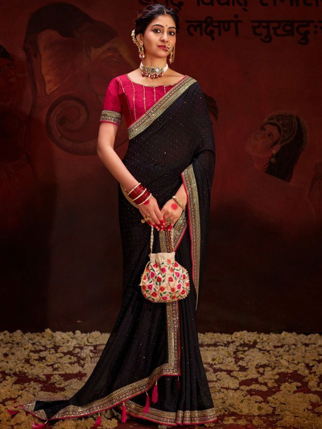 

Saree mall Women Embellisheds Beads and Stones Silk Blend Sarees, Black
