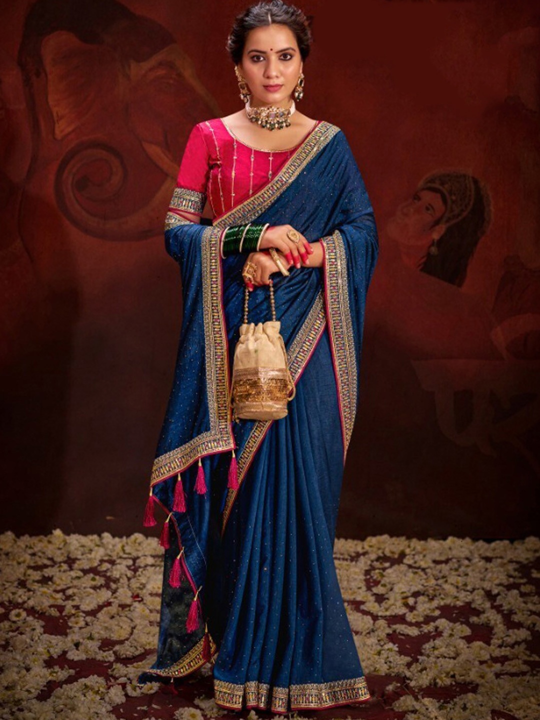 

Saree mall Women Embellished Beads and Stones Silk Blend Sarees, Navy blue