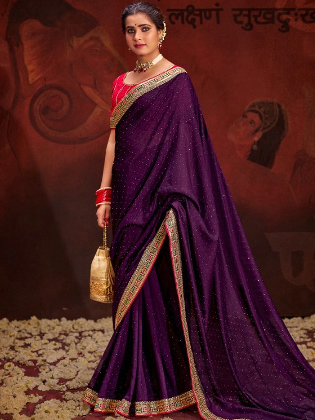 

Saree mall Embellished Beads and Stones Silk Blend Sarees, Purple