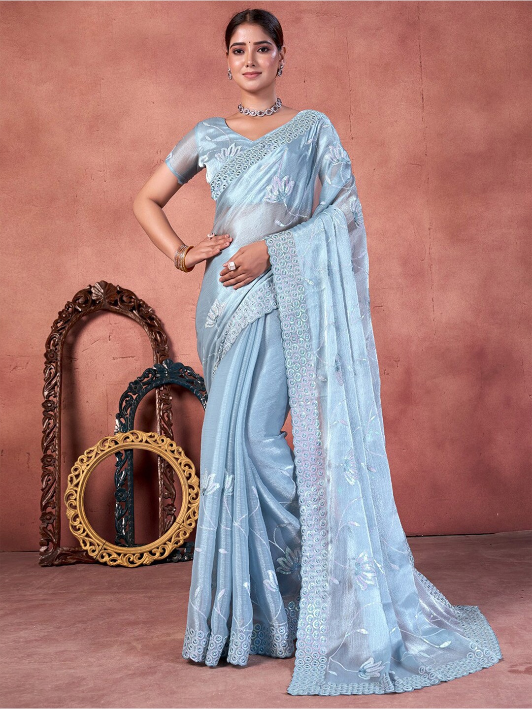 

Saree mall Embellished Sequinned Organza Sarees, Metallic