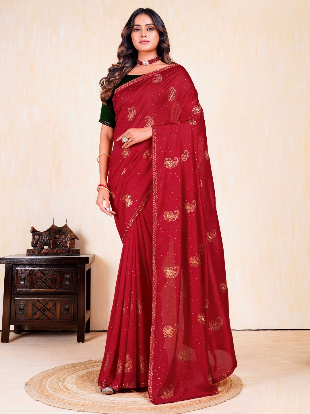 

Mitera Embellished Beads and Stones Silk Blend Saree, Red