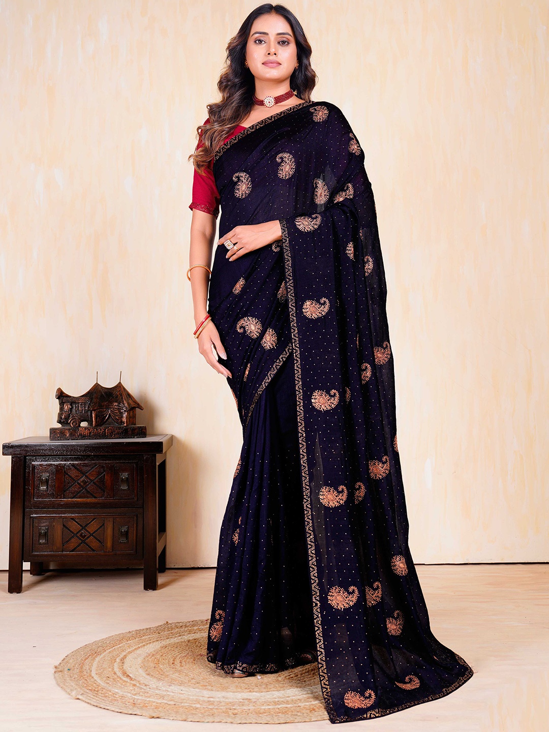 

Mitera Embellished Beads and Stones Silk Blend Saree, Navy blue