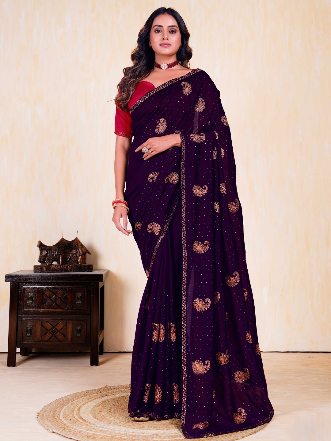 

Mitera Embellished Beads and Stones Silk Blend Saree, Purple