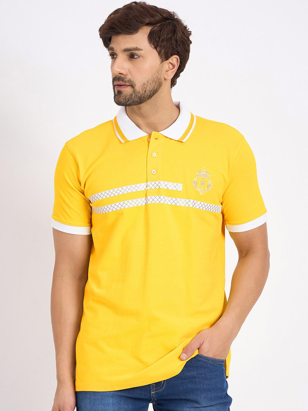 

EDRIO Men Cotton Polo Collar Applique T-shirt, Yellow