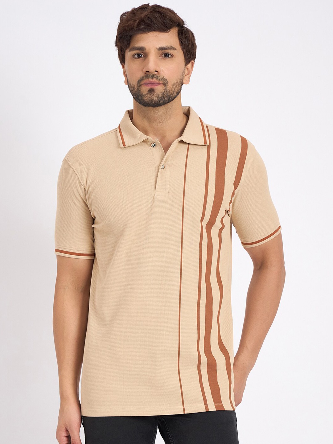 

EDRIO Men Cotton Striped Polo Collar T-shirt, Beige