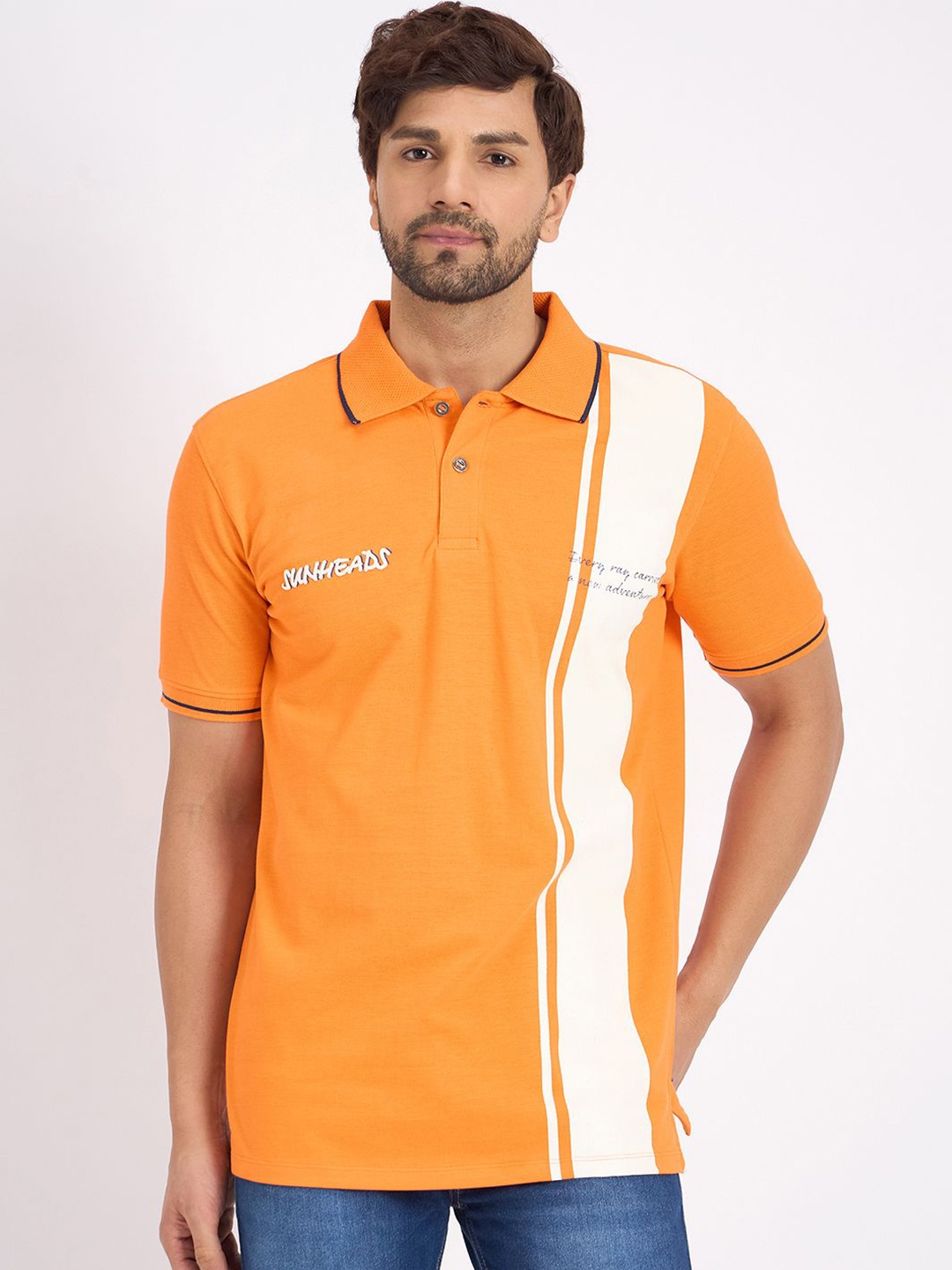 

EDRIO Men Cotton Printed Polo Collar T-shirt, Orange