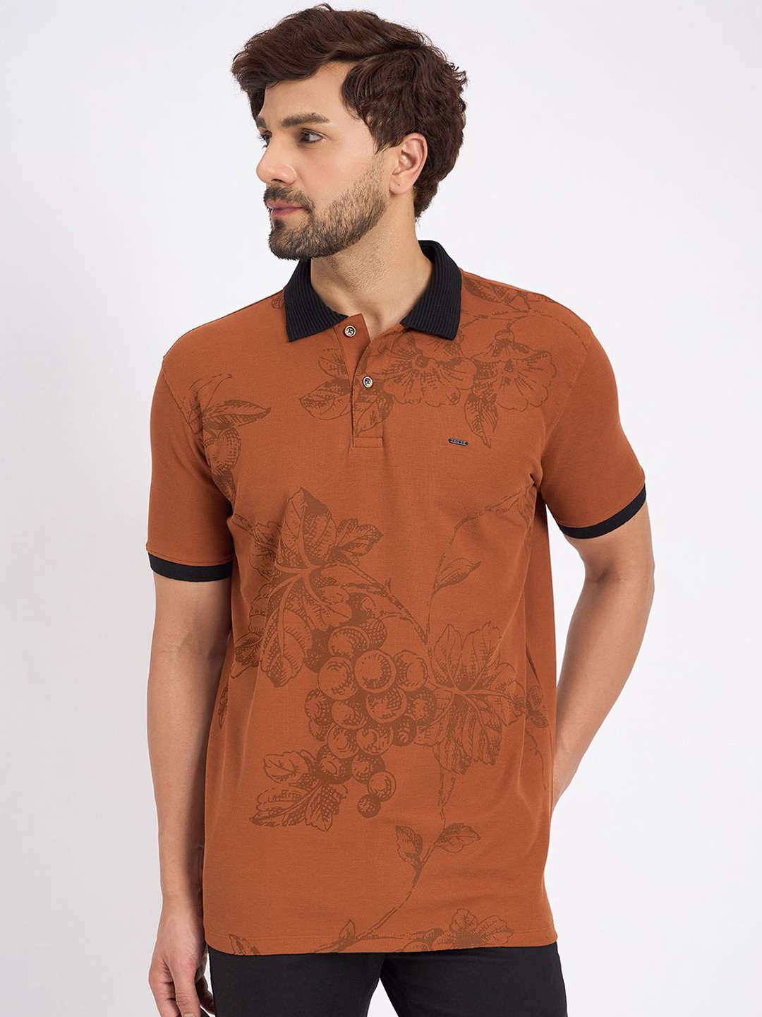 EDRIO Men Cotton Floral Printed Polo Collar T-shirt, Brown