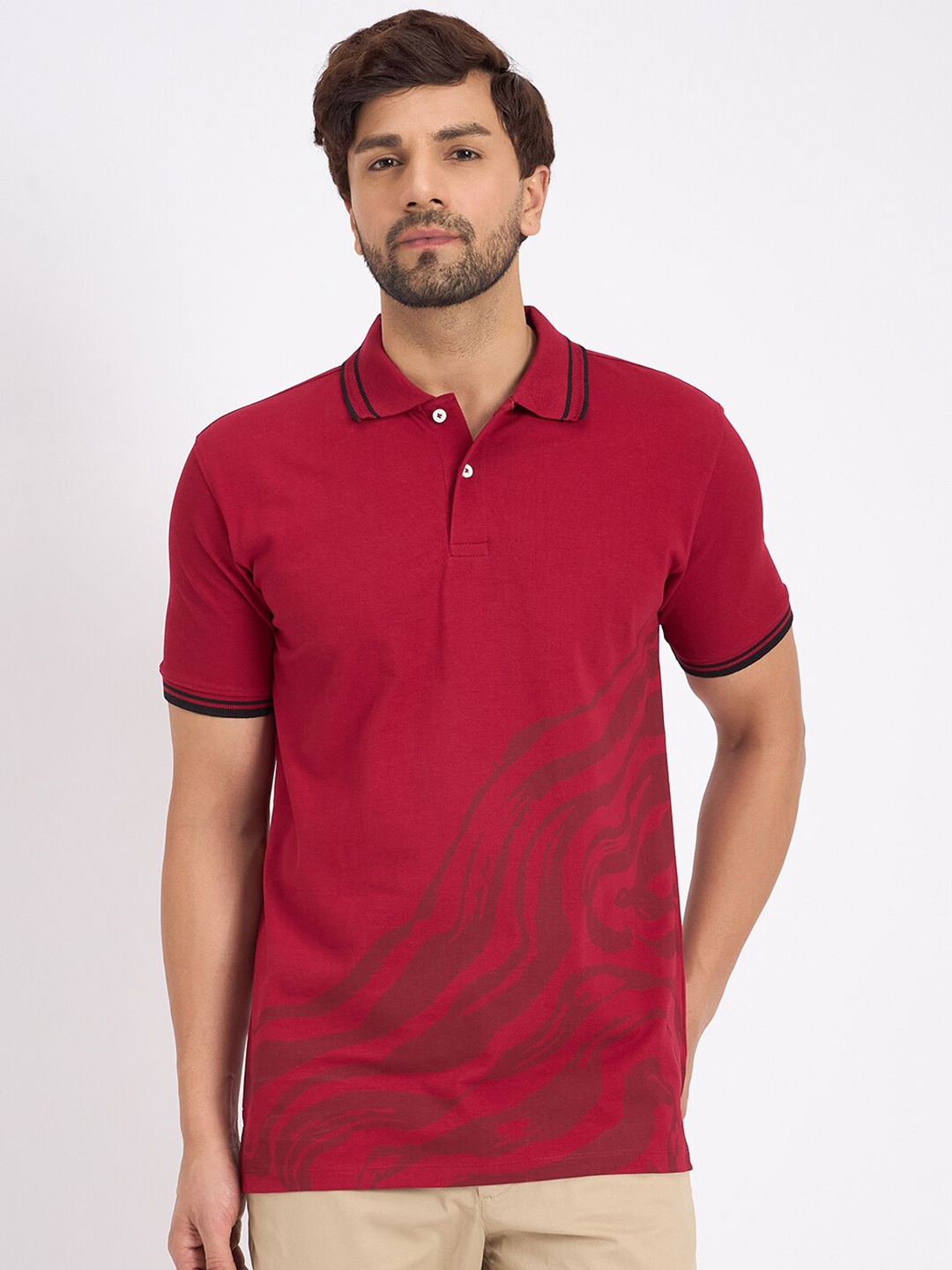 

EDRIO Men Cotton Abstract Printed Polo Collar T-shirt, Maroon