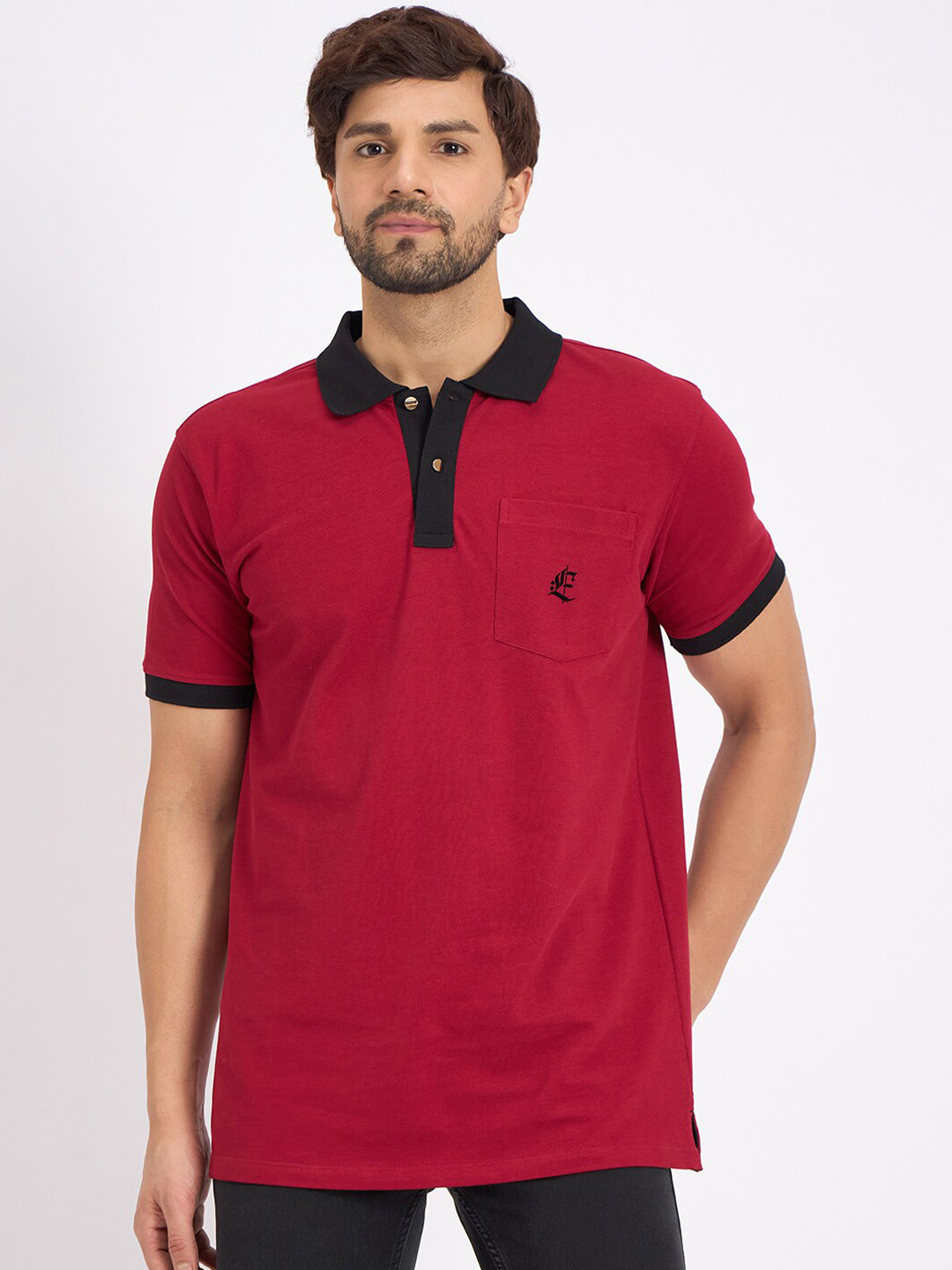 

EDRIO Men Cotton Pocket Detailing Printed Polo Collar T-shirt, Maroon