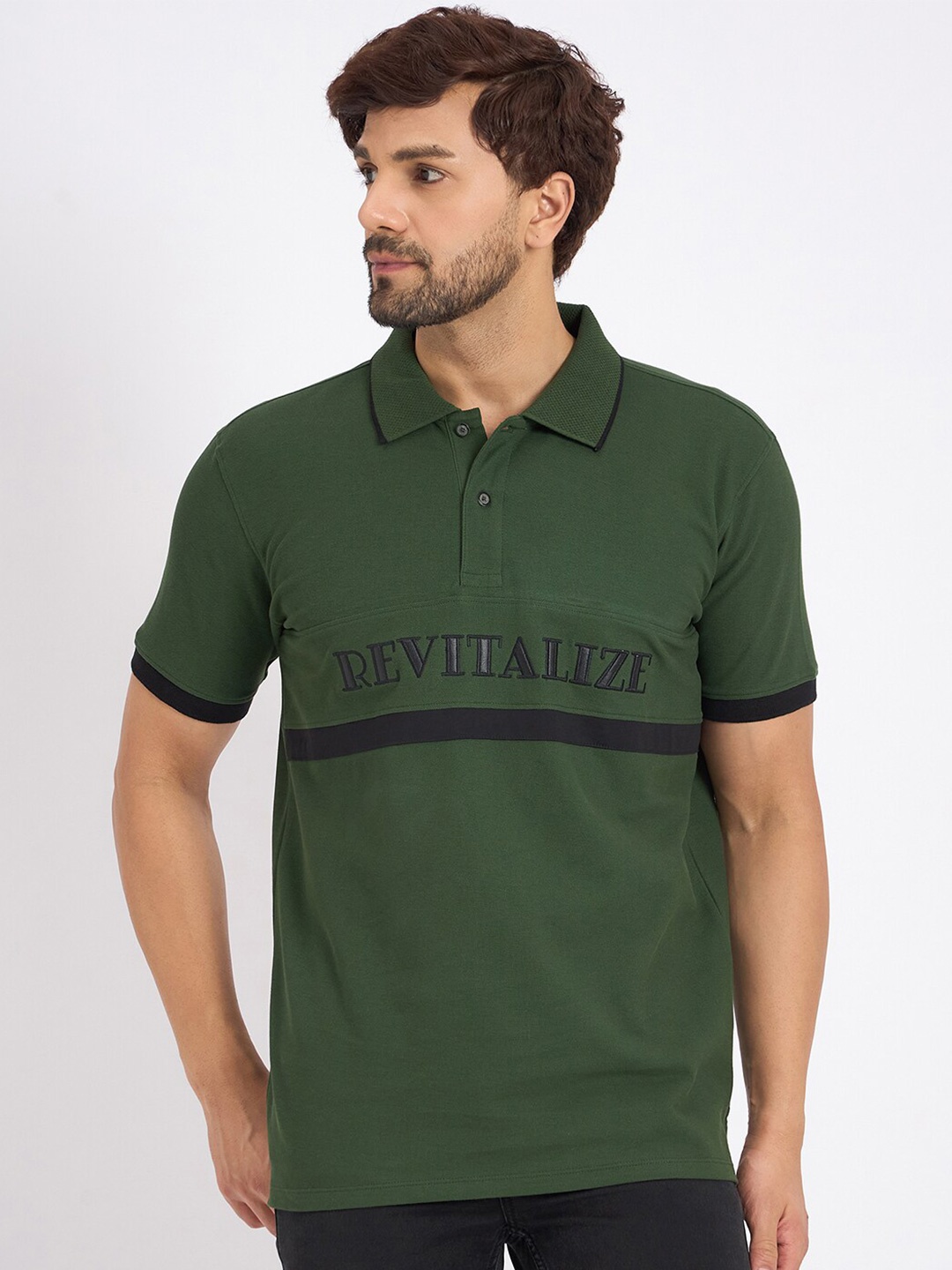 

EDRIO Men Cotton Typography Polo Collar T-shirt, Green