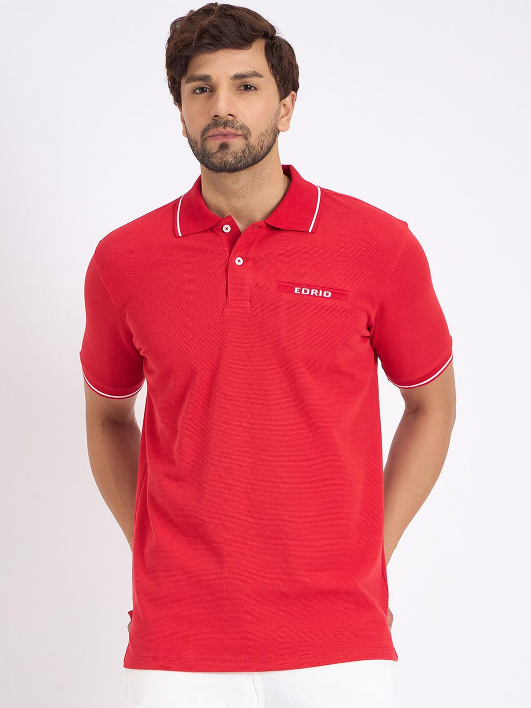 

EDRIO Men Cotton Polo Collar Applique T-shirt, Red