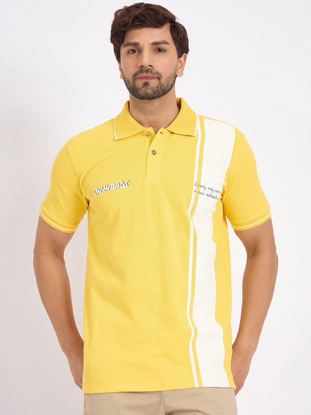

EDRIO Men Cotton Printed Polo Collar T-shirt, Yellow