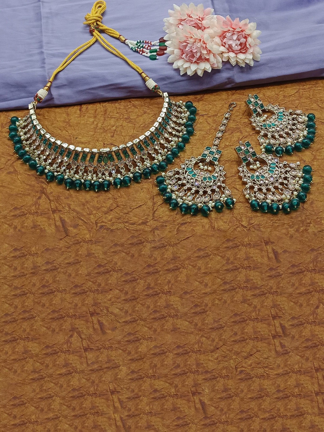 

AASHISH IMITATION AD-Studded & Beaded Jewellery Set, Gold