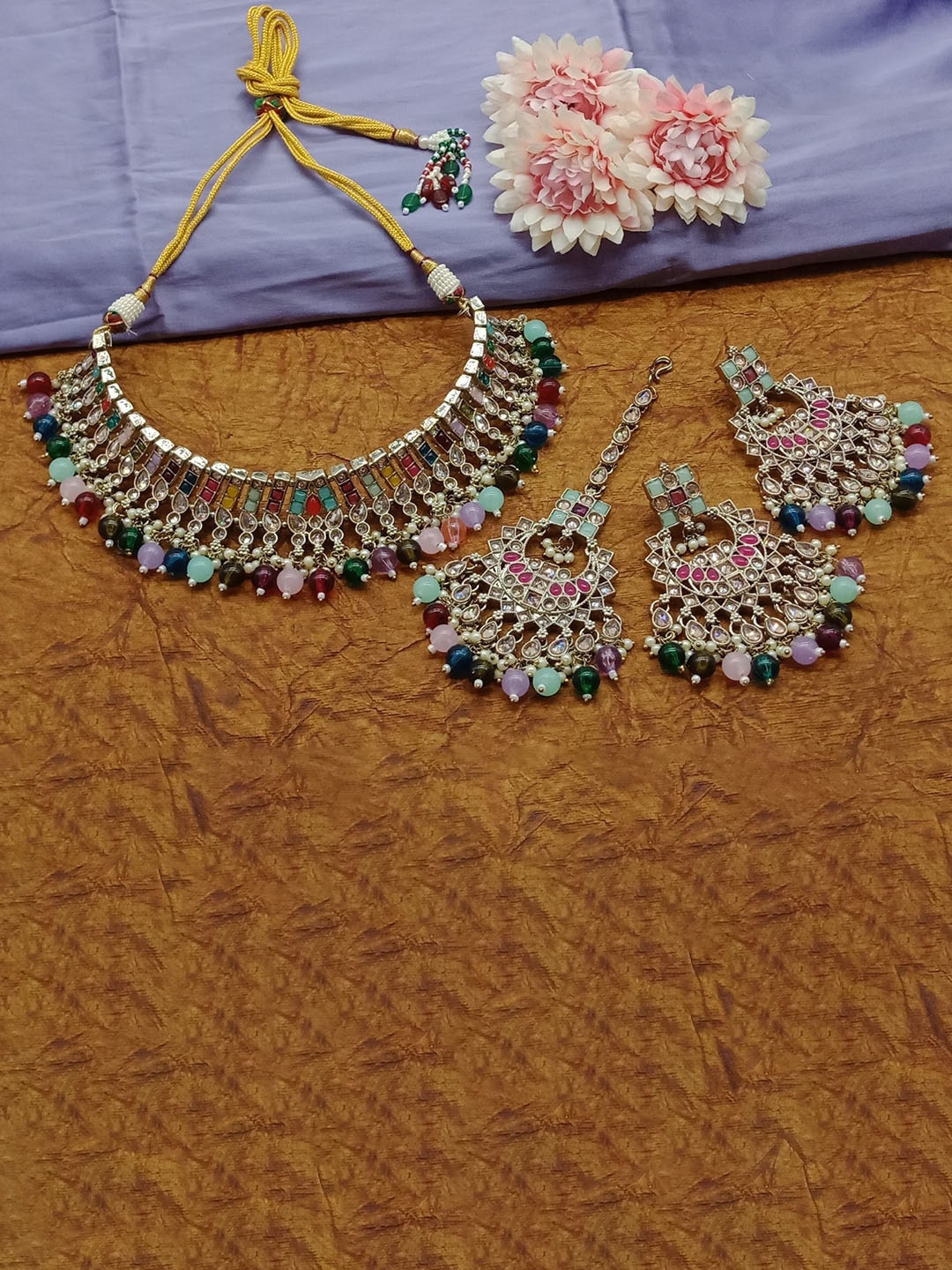

AASHISH IMITATION AD-Studded & Beaded Jewellery Set, Gold