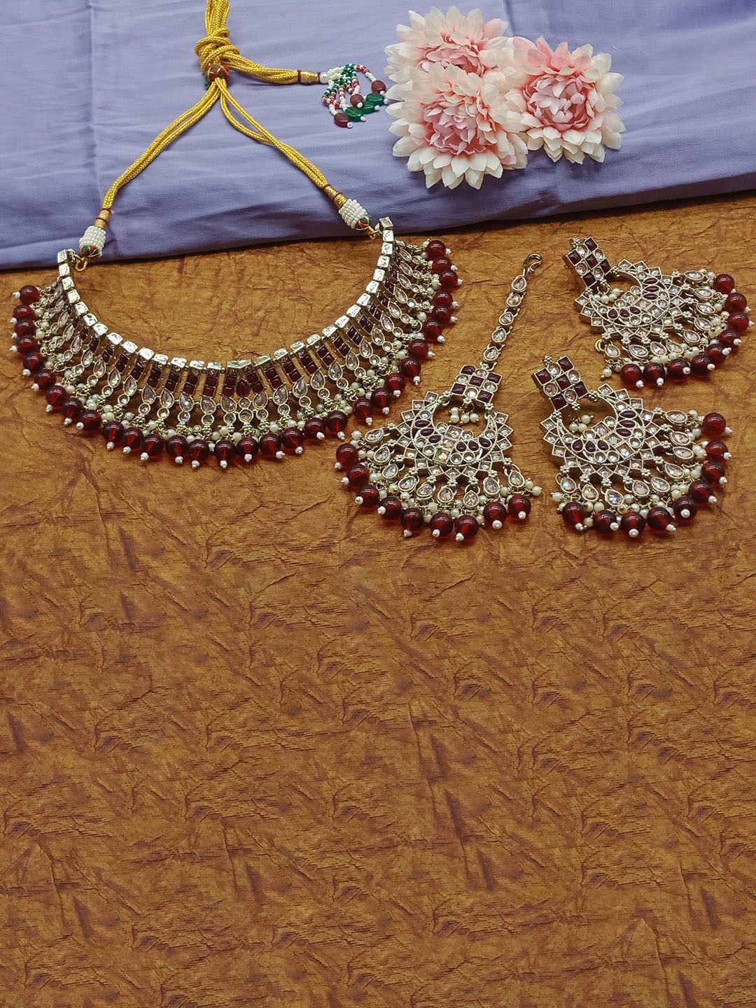

AASHISH IMITATION AD-Studded & Beaded Jewellery Set, Maroon