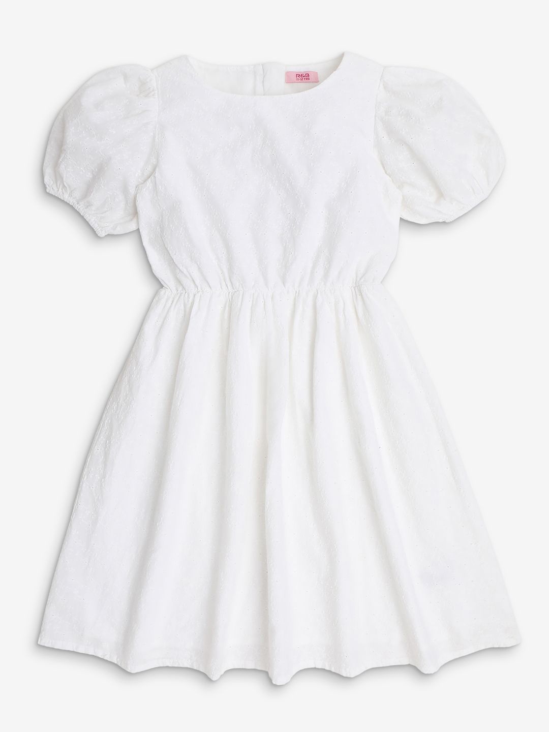 

R&B Round Neck Puff Sleeve Cotton Fit & Flare Dress, White