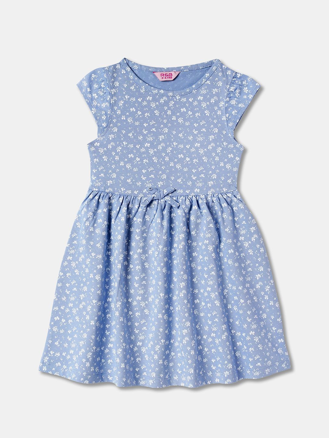 

R&B Girls Round Neck Floral Printed Cotton Fit & Flare Dress, Blue