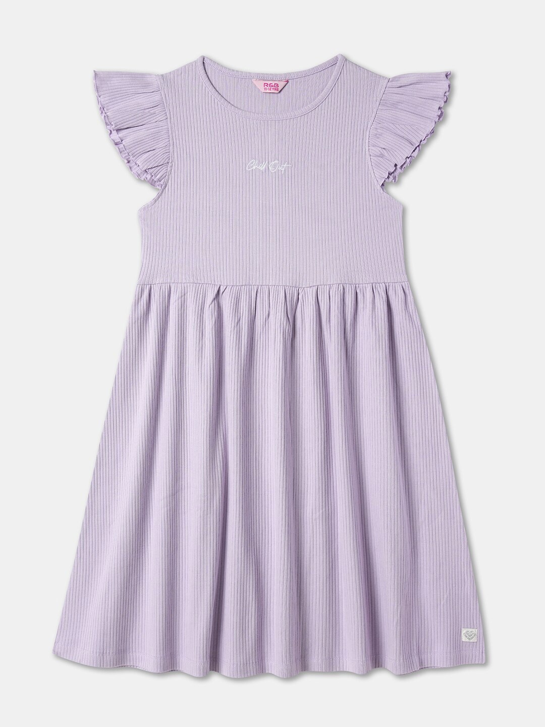 

R&B Round Neck Flutter Sleeves Cotton Fit & Flare Dress, Purple