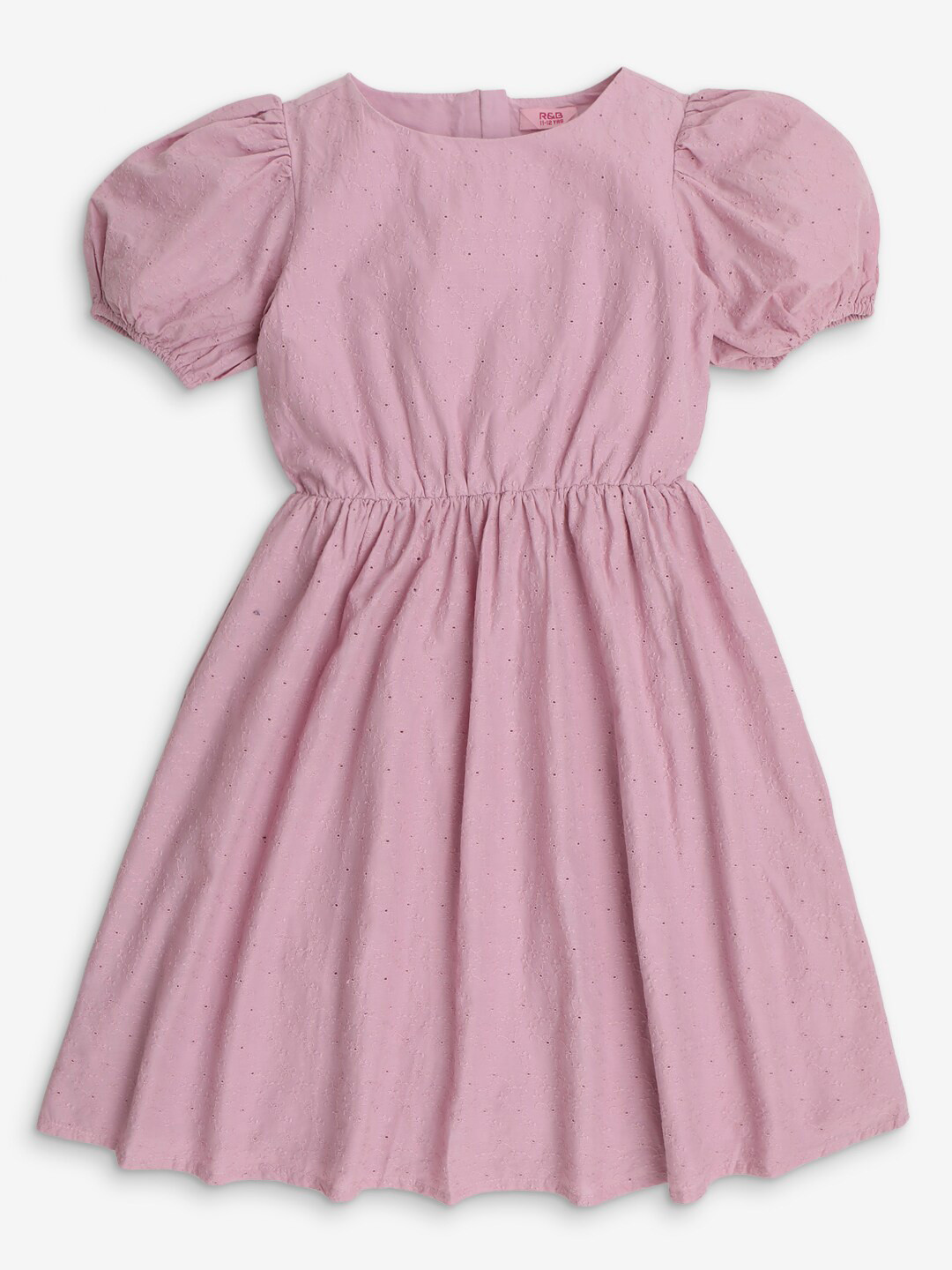 

R&B Girls Round Neck Puff Sleeve Cotton Fit & Flare Dress, Purple