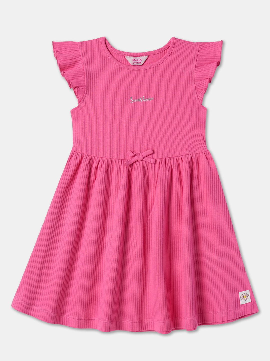 

R&B Round Neck Flutter Sleeves Cotton Fit & Flare Dress, Pink