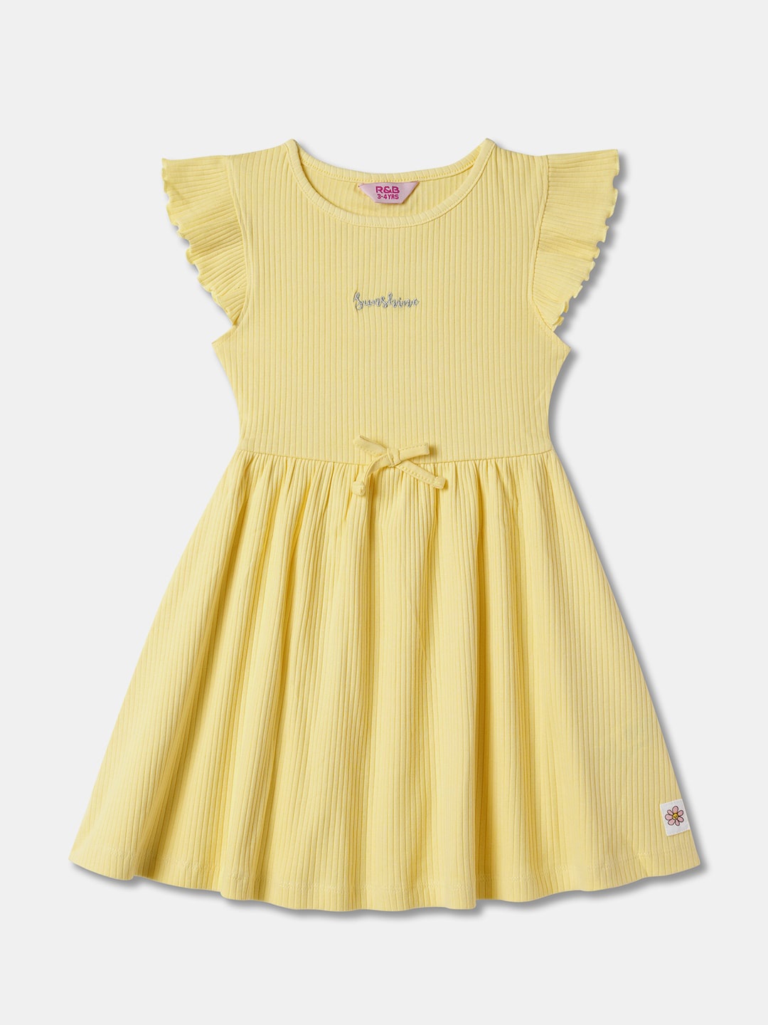 

R&B Round Neck Flutter Sleeve Cotton Fit & Flare Dress, Yellow