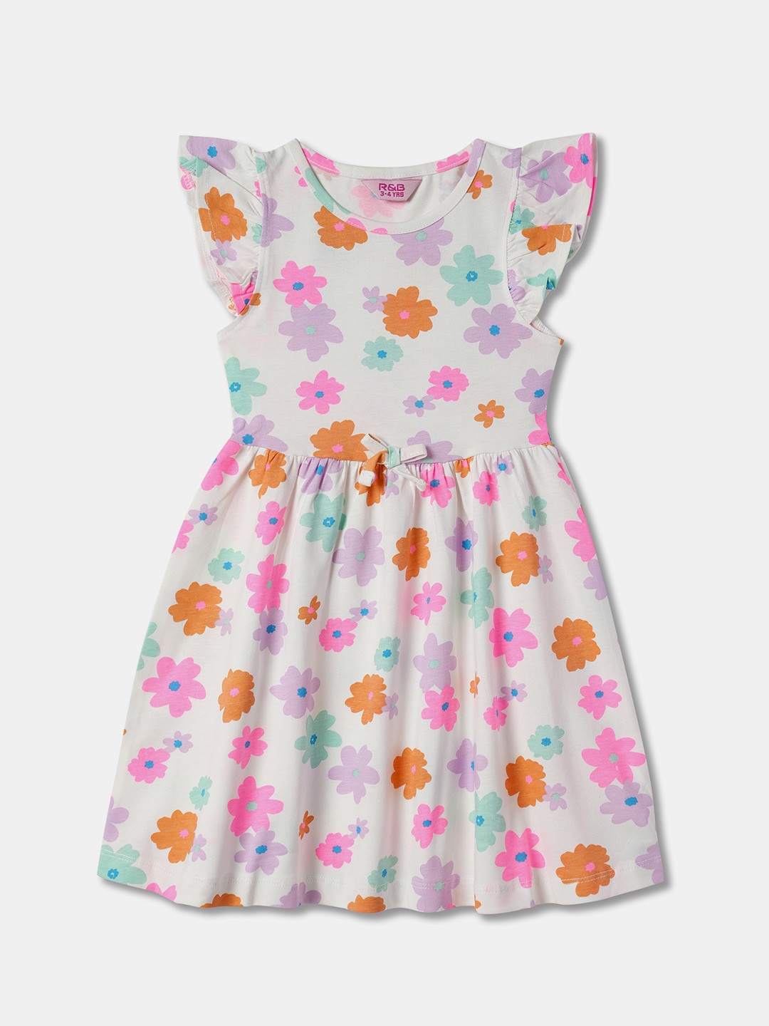 

R&B Round Neck Floral Printed Flutter Sleeve Cotton Fit & Flare Dress, White