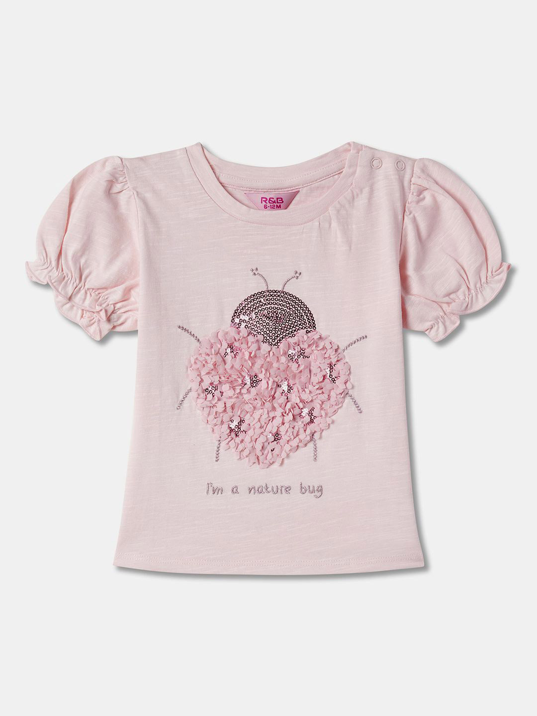 

R&B Girls Puff Sleeves Embellished Cotton Top, Pink