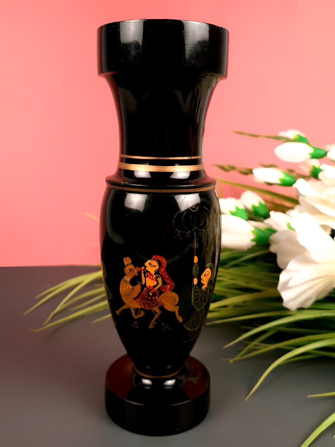 

apka mart Black Printed Wooden Flower Vase