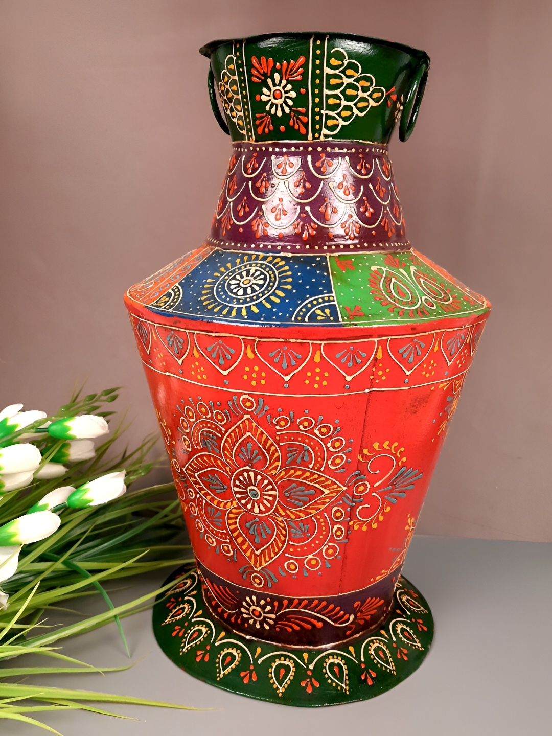 

apka mart Red & Green Printed Metal Flower Vase
