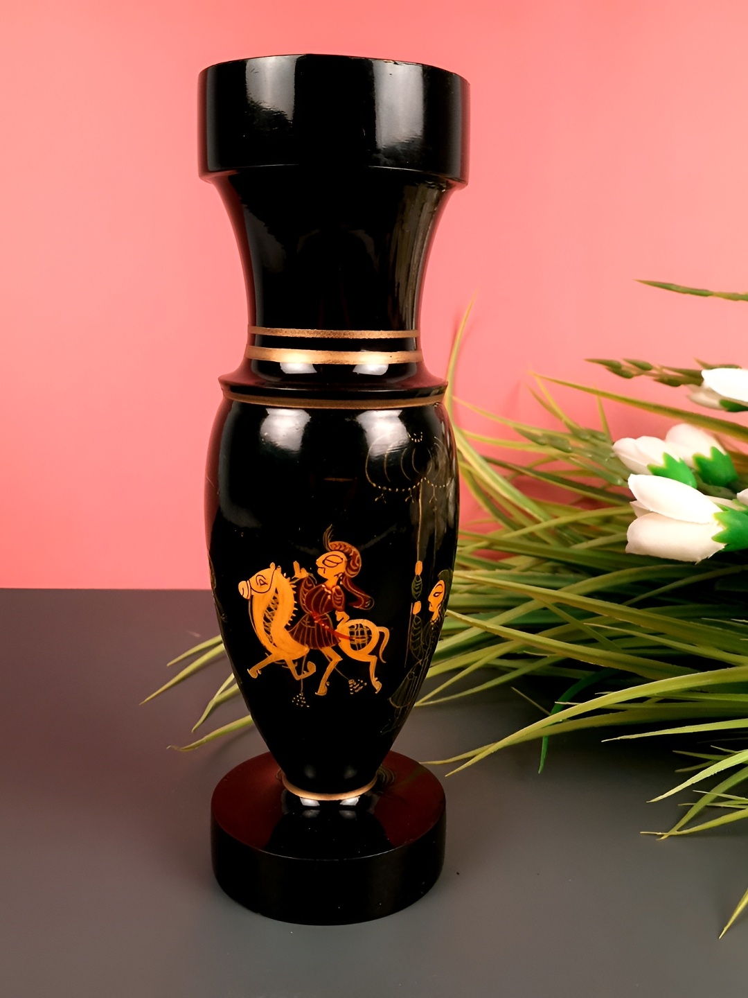

apka mart Black Printed Wooden Flower Vase