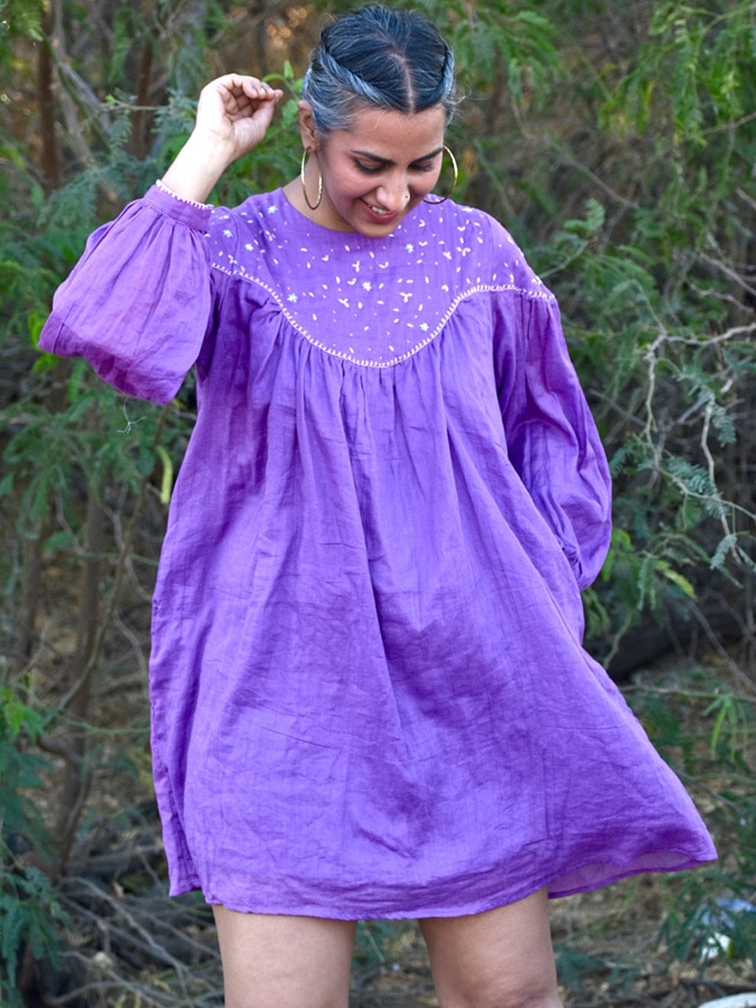 

OKHAI Embroidered Pure Cotton A-Line Mini Dress, Purple