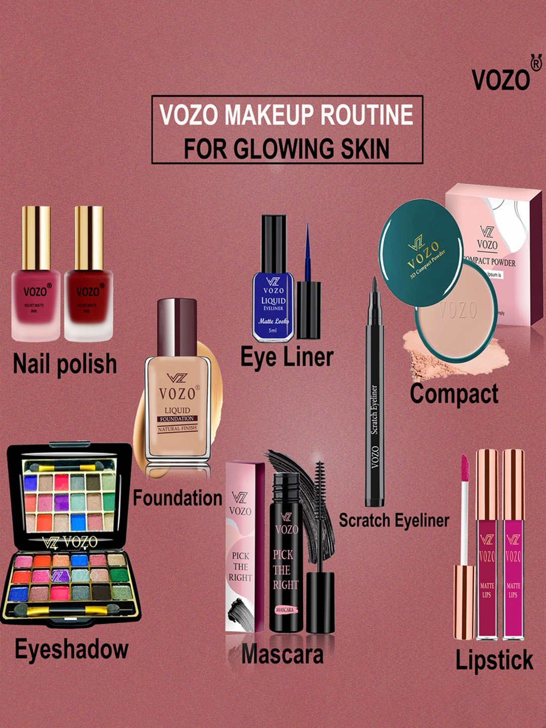 

VOZO Set Of 10 Radiant Beauty Brilliance Makeup Combo, Multi