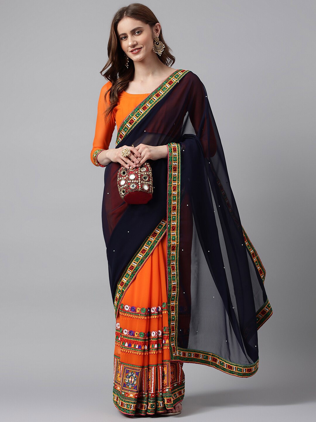 

RAJGRANTH Ethnic Motifs Mirror Work Pure Georgette Half and Half Saree, Orange