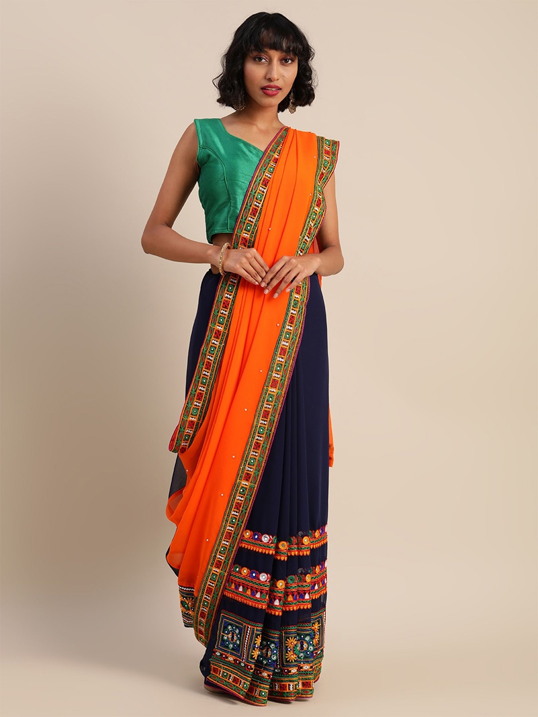 

RAJGRANTH Ethnic Motifs Mirror Work Pure Georgette Half and Half Saree, Navy blue