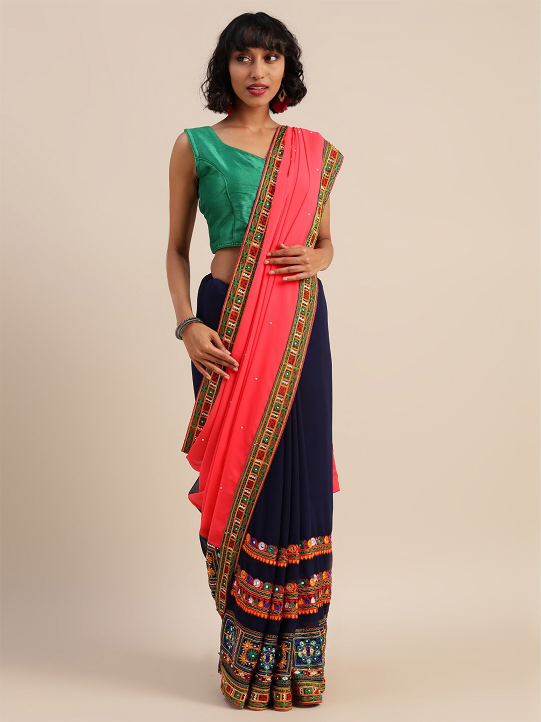 

RAJGRANTH Ethnic Motifs Mirror Work Pure Georgette Half and Half Saree, Blue