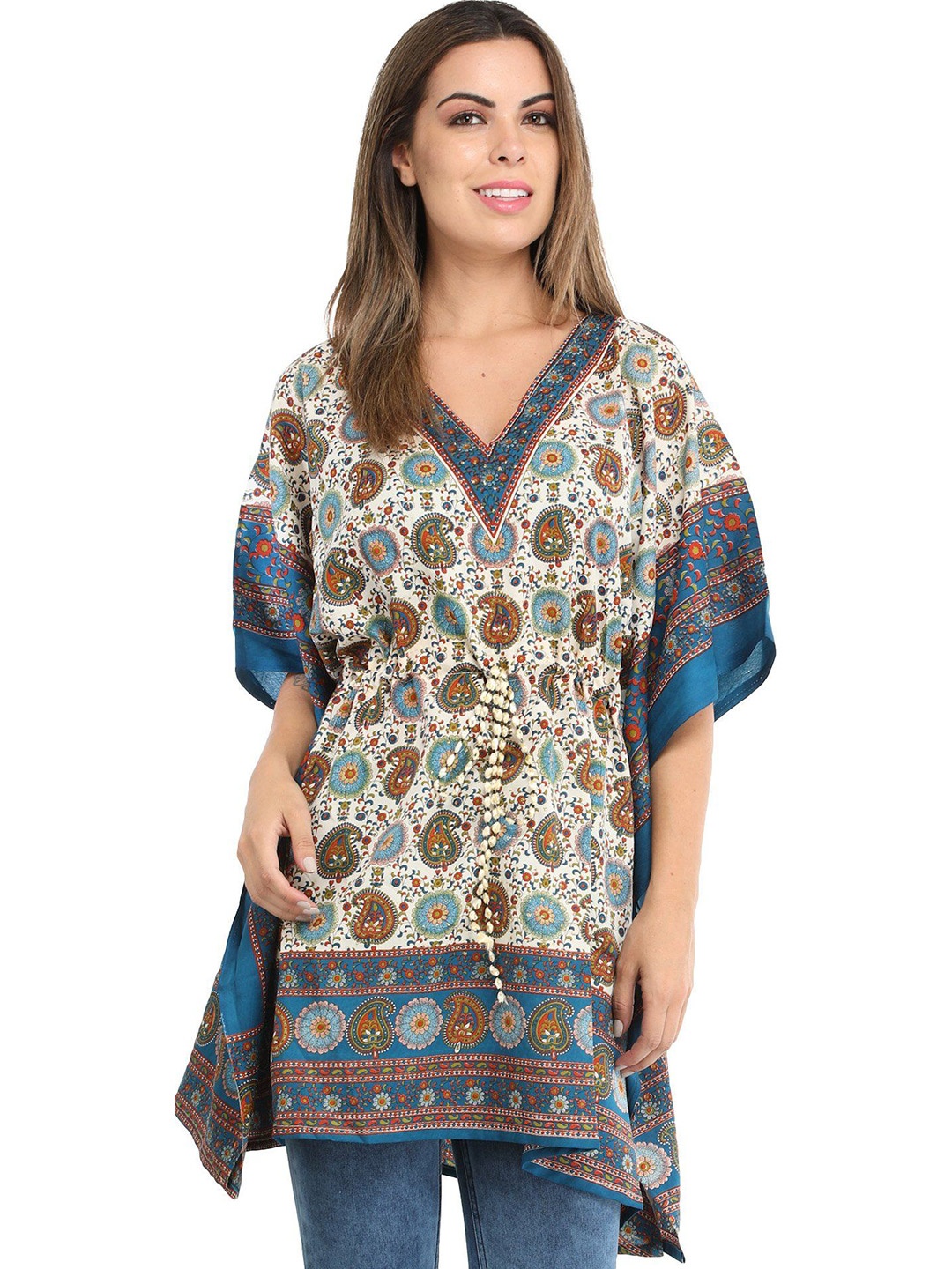 

Exotic India Ethnic Motifs Print Kaftan Dress, Blue