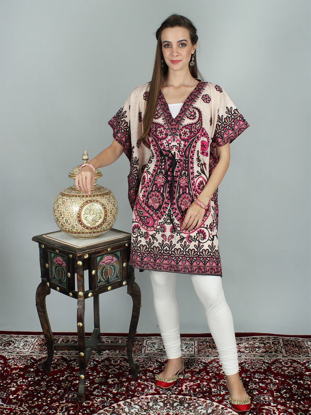 

Exotic India Pink Short Kaftan with Printed Paisleys and Floral Motifs with Dori at Waist