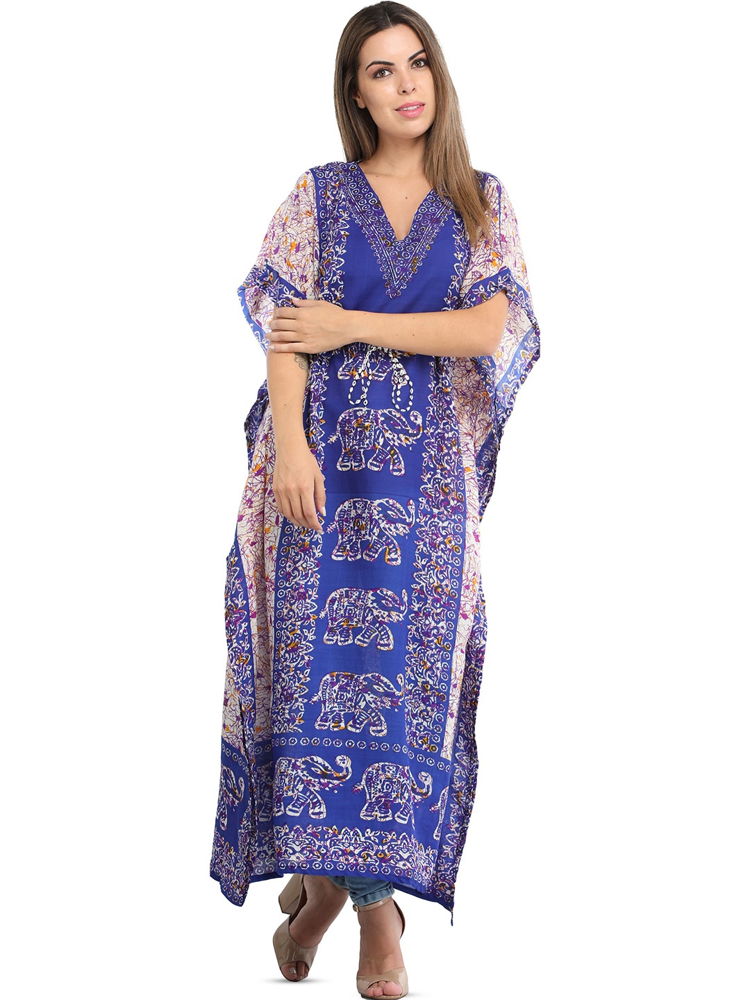 

Exotic India Elephants Printed Kaftan with Dori at Waist, Blue