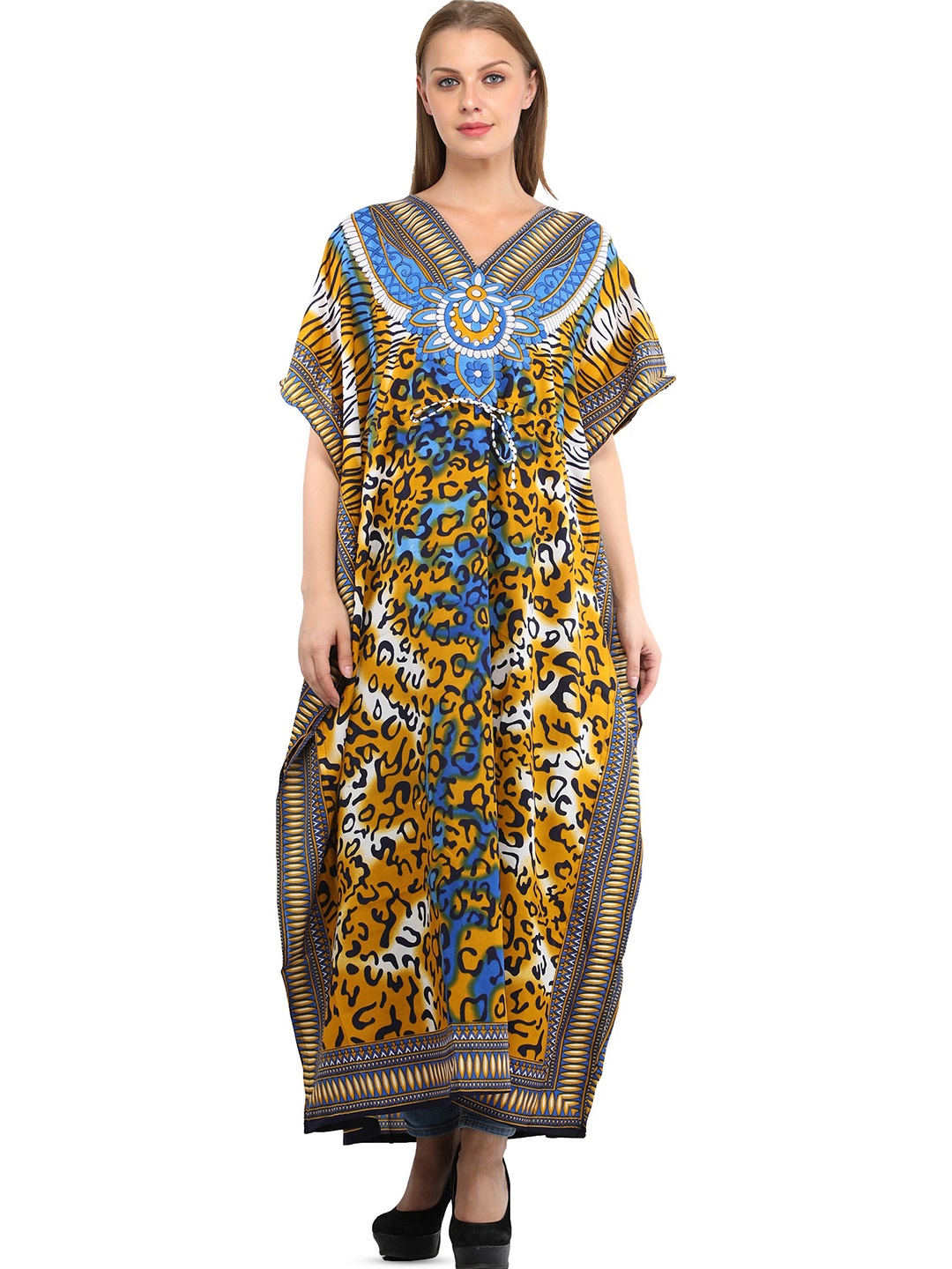 

Exotic India Amparo Blue Long Kaftan with Printed Tiger-Stripes and Dori at Waist