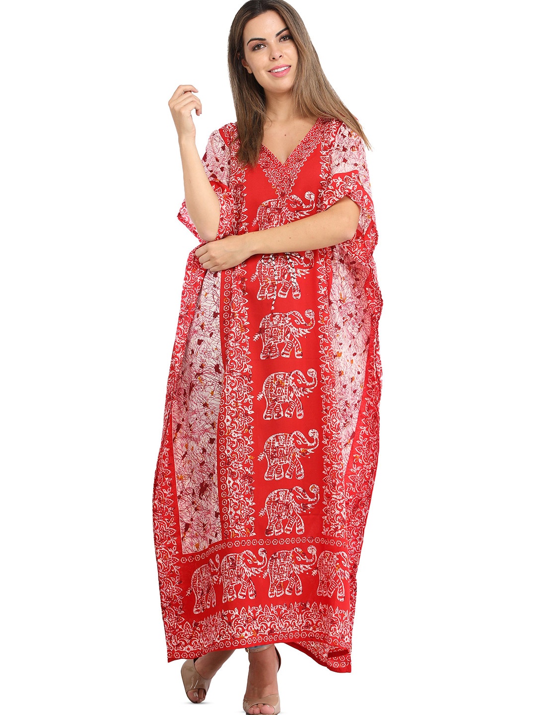 

Exotic India Bittersweet Red Elephants Printed Long Kaftan with Dori at Waist