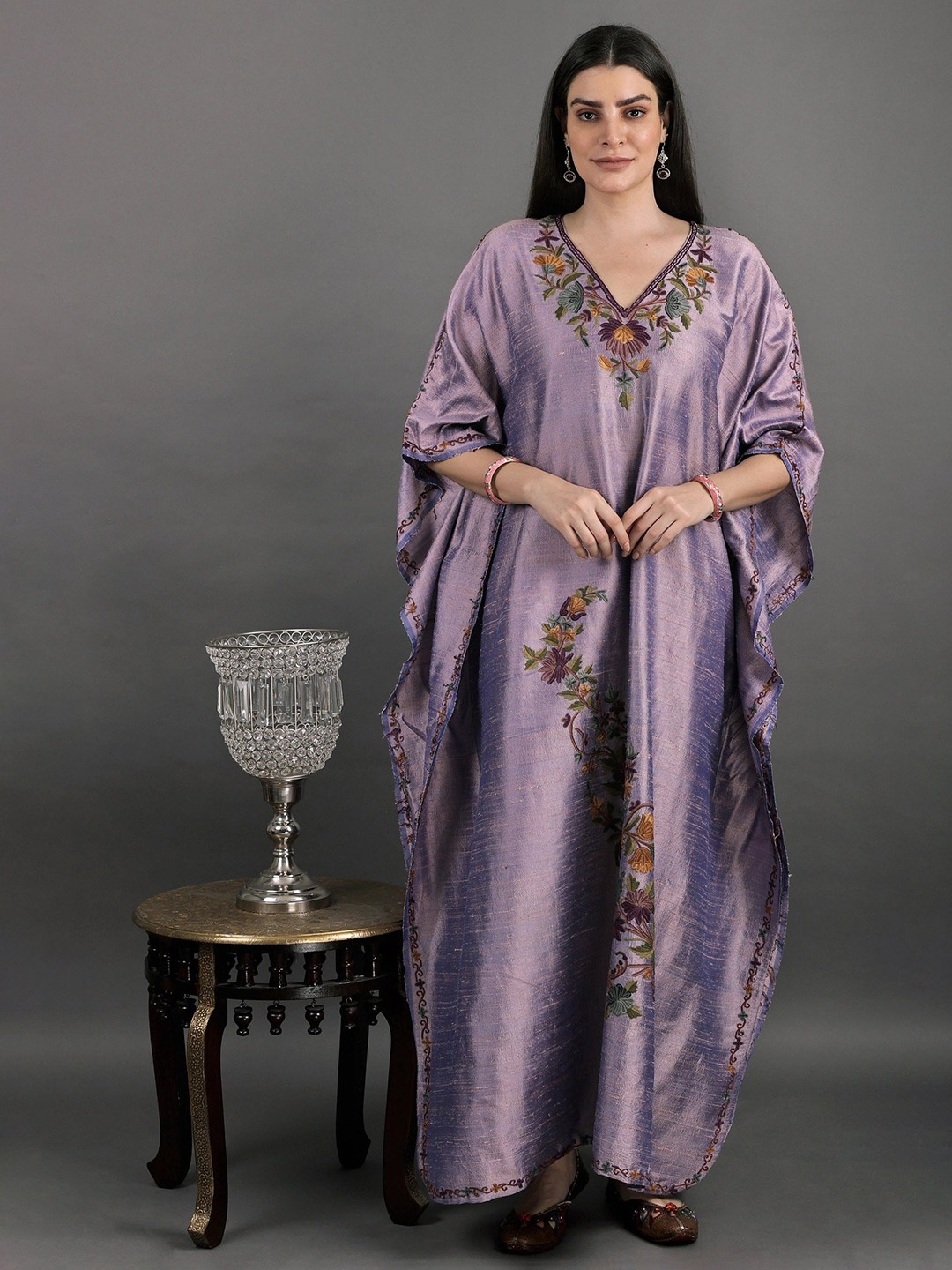 

Exotic India Floral Printed V-Neck Silk Tunic, Mauve